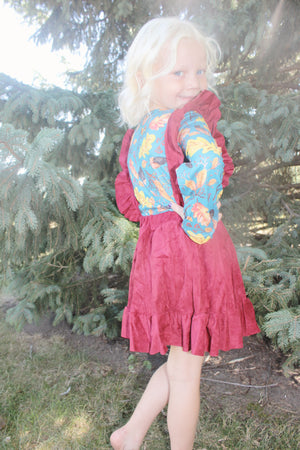 Red Suspender Skirt with Floral Shirt.