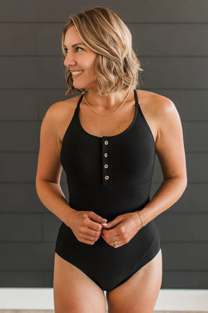 Vacation Everyday Ribbed One-Piece Swimsuit- Black