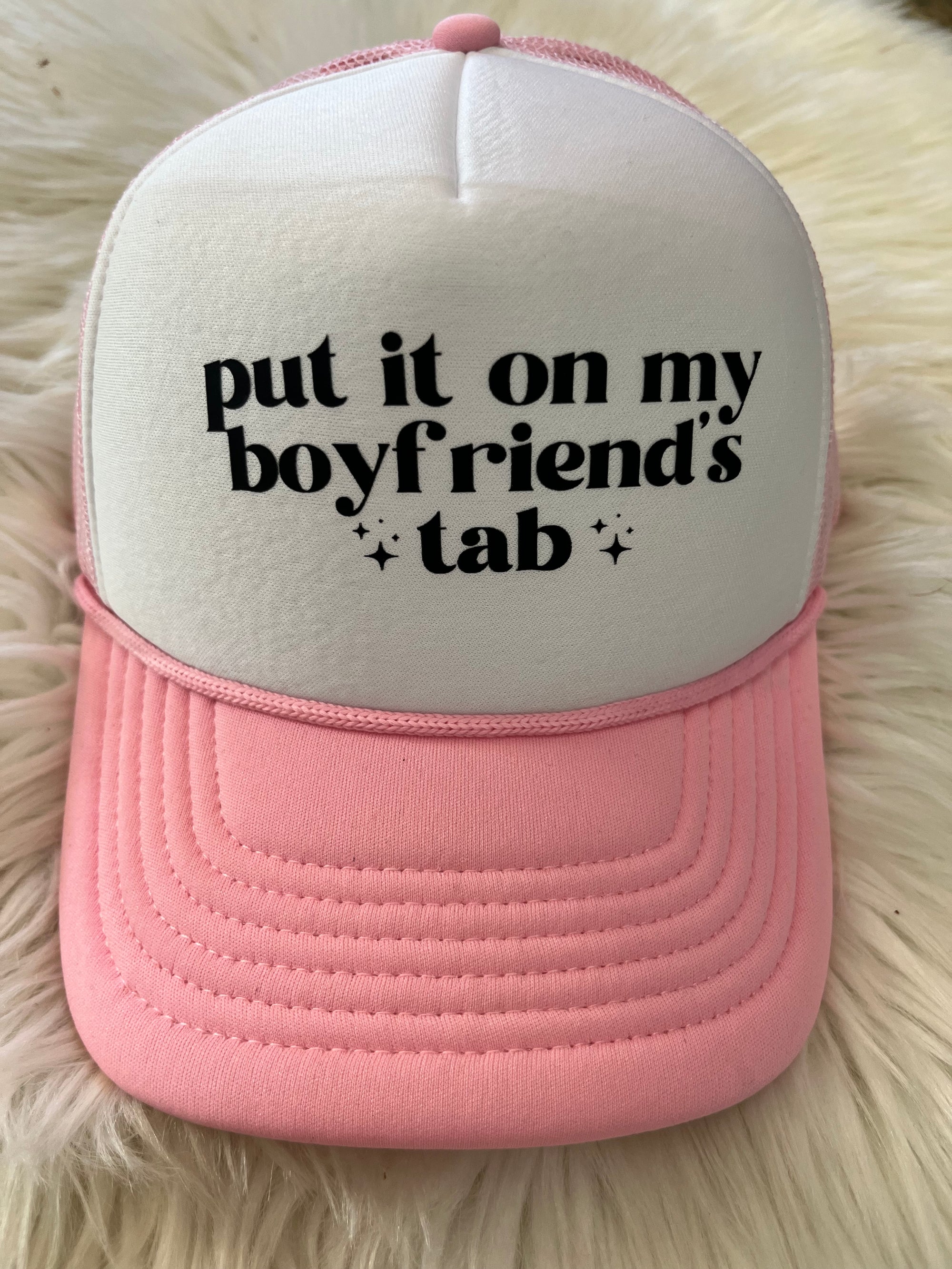Put it on my boyfriends tab Pink and white foam hat