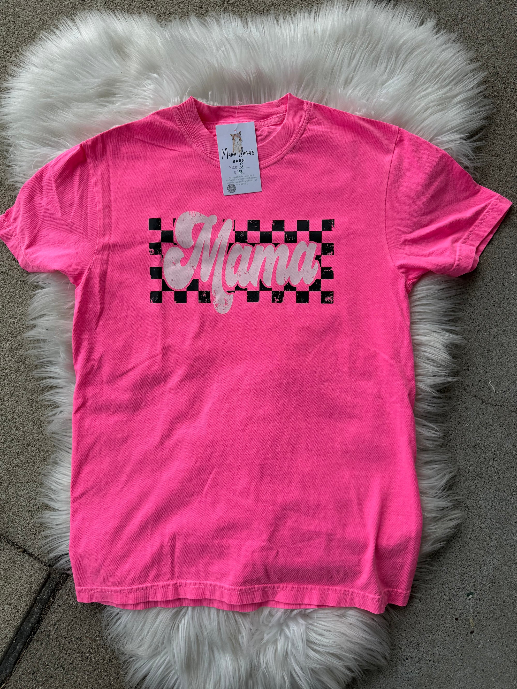 Mama Checkered Neon Pink T-Shirt