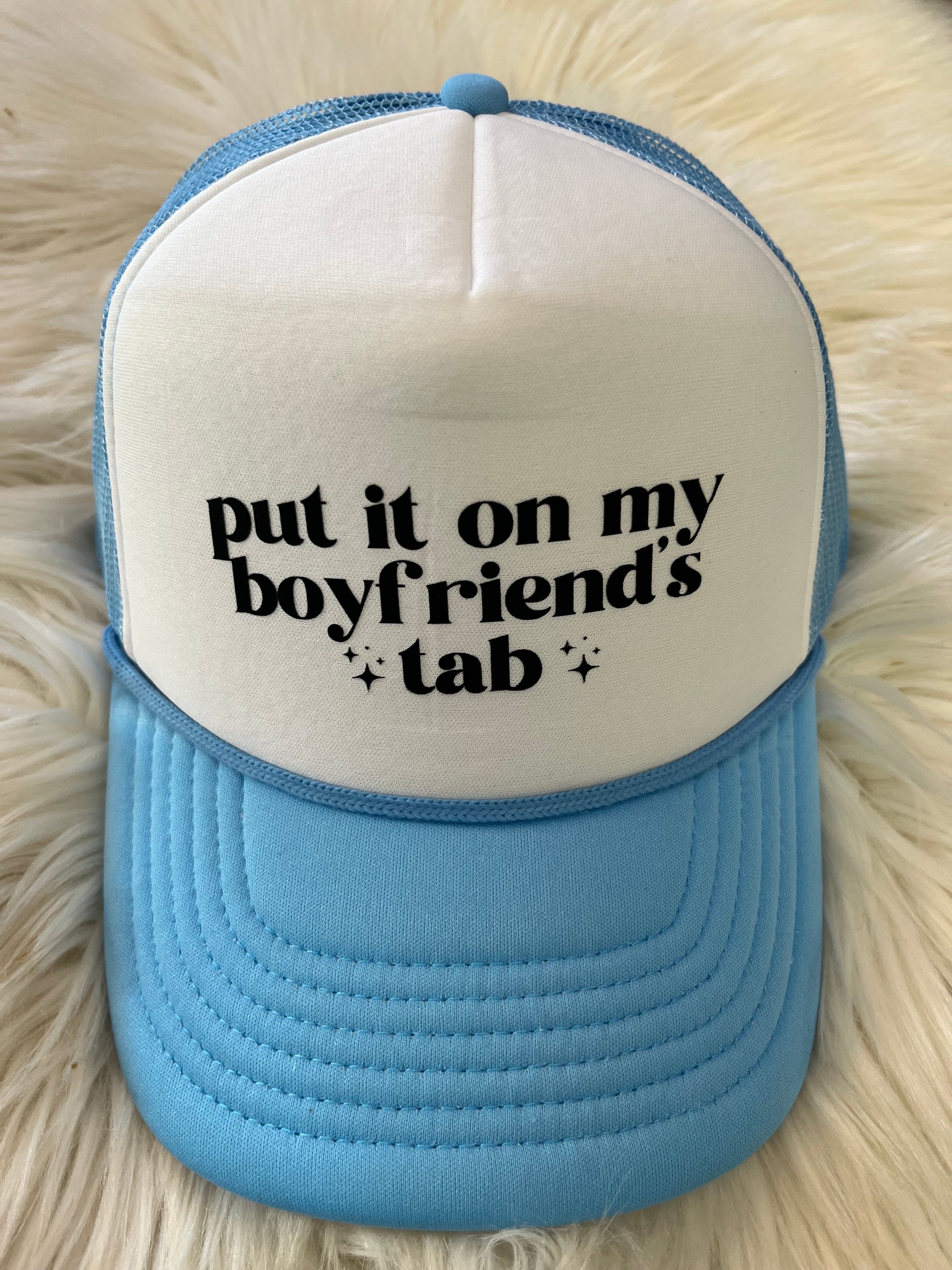 Put it on my Boyfriends tab Blue and White foam hat