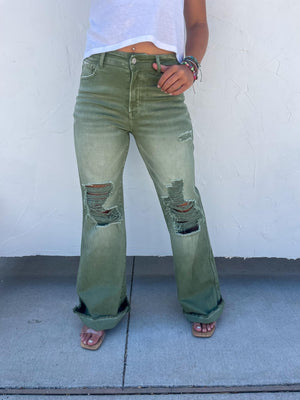 Olive Distressed Colored Jeans (Pre-book)