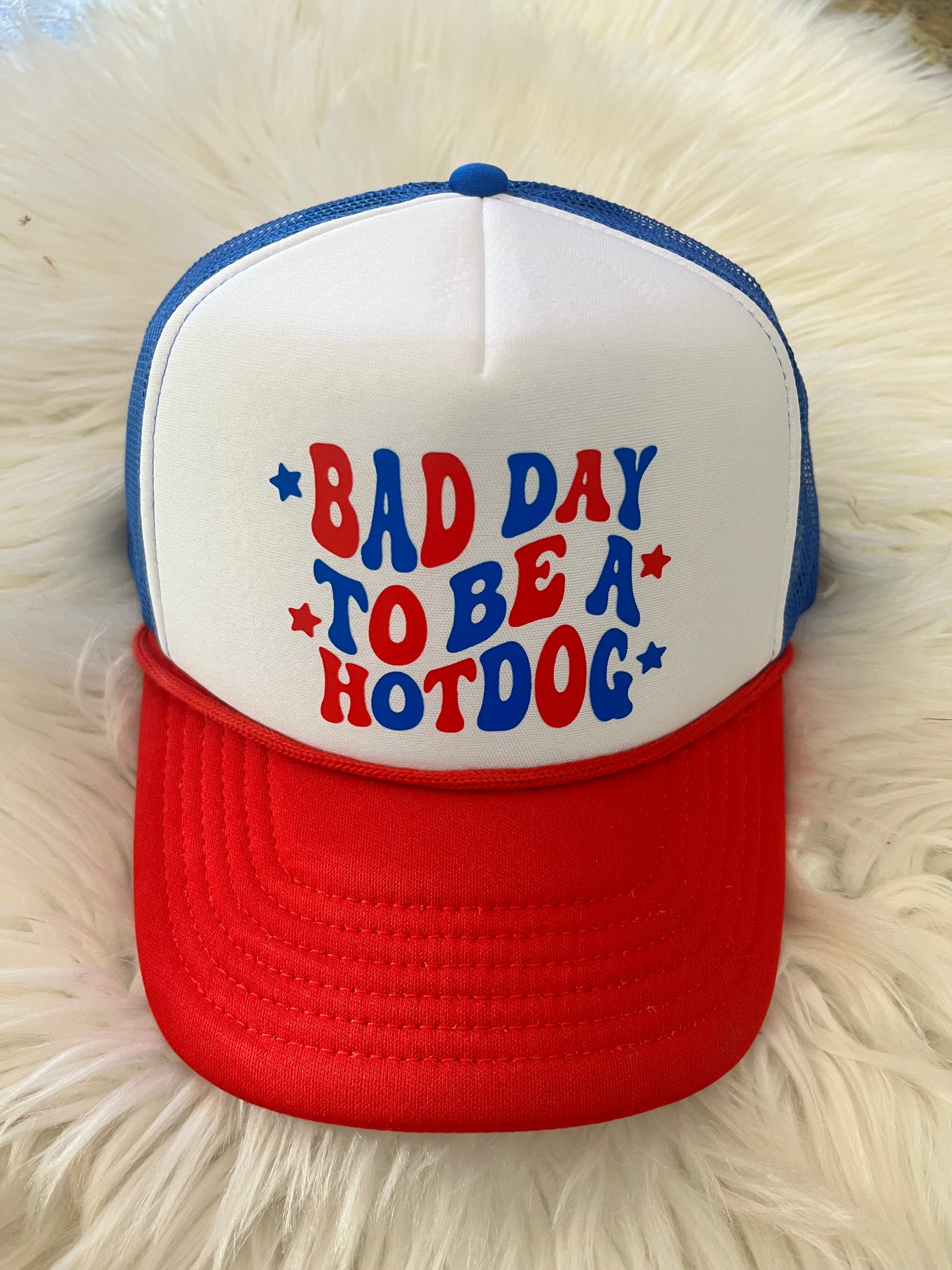 Bad Day to be a hot dog foam Hat- Red blue and white