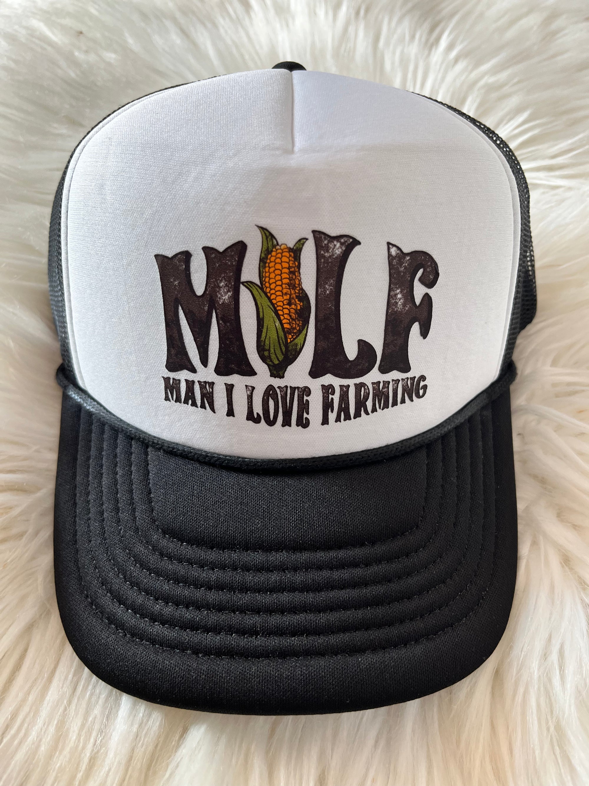 MILF Man I love farming Black and White foam hat