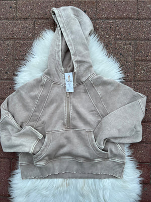 Acid Wash Ash Mocha Half Zip Fleece Hoodie Kangaroo Pocket