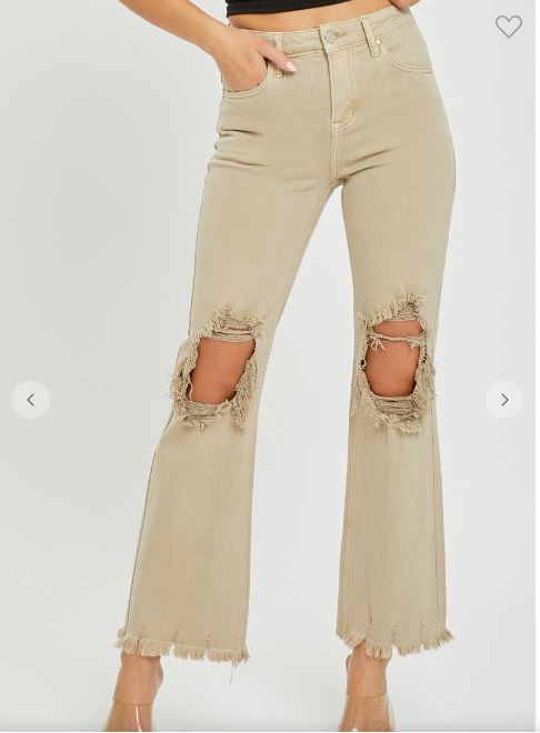 Sand HIGH RISE KNEE DISTRESSED STRAIGHT PANTS