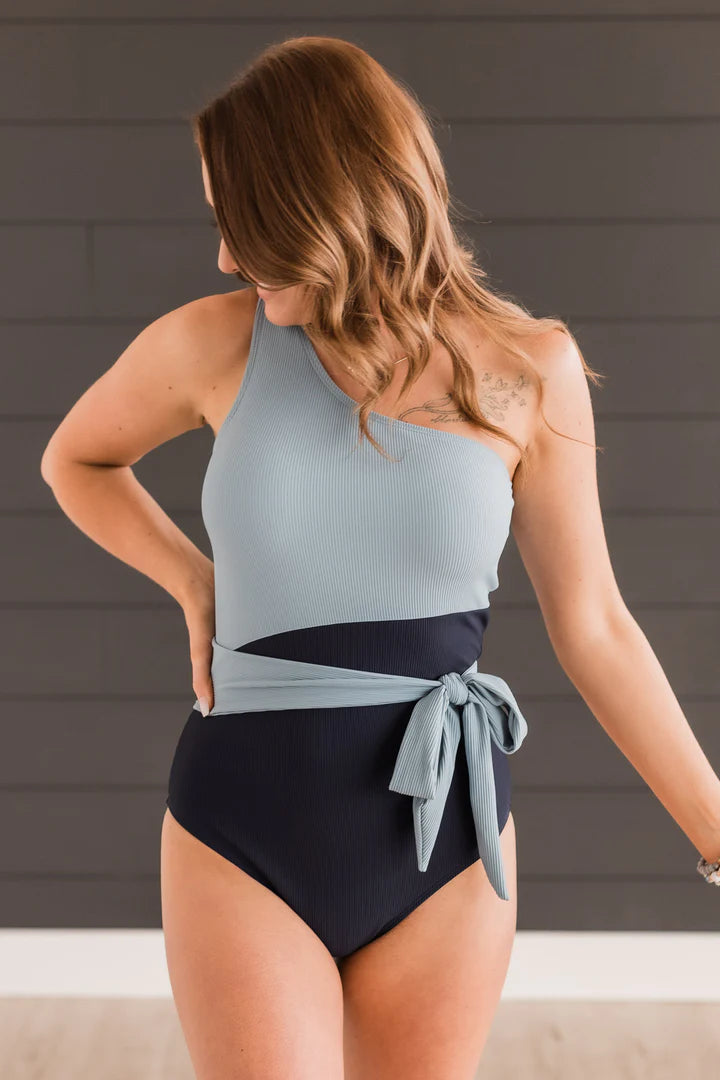 On The Coast One Shoulder Swimsuit- Slate Blue & Navy