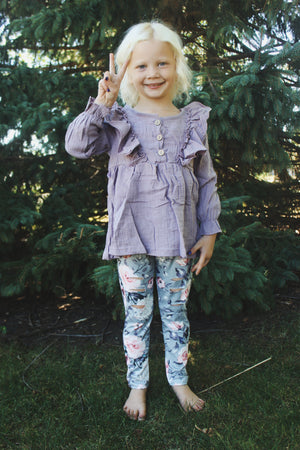 Lavender Ruffle Top with Gray and Lavender Floral Leggings