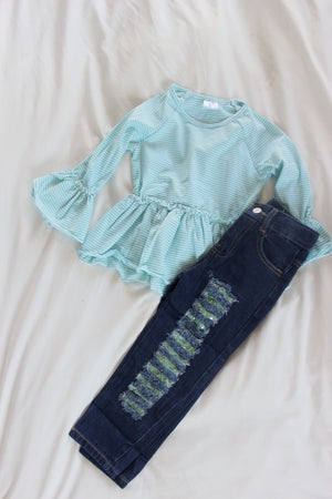 Teal Blue and Stripe Shirt with Belle Sleeve With Denim sequin Accent