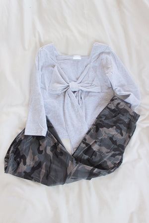 Camo Belle Bottoms & Gray Long Sleeve with Bow