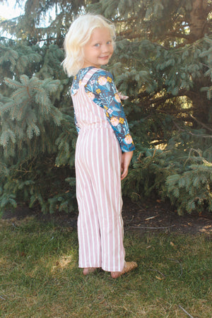 Mauve Pink Soft Striped Overalls with a Blue floral Shirt