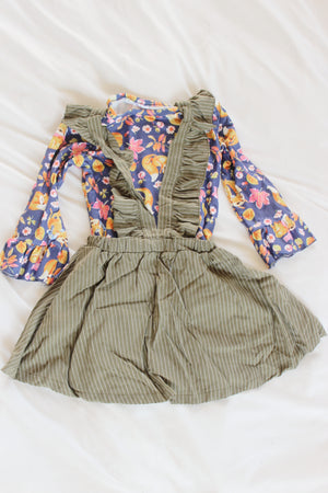 Green Pin Stripe Suspender Skirt with Floral Shirt.